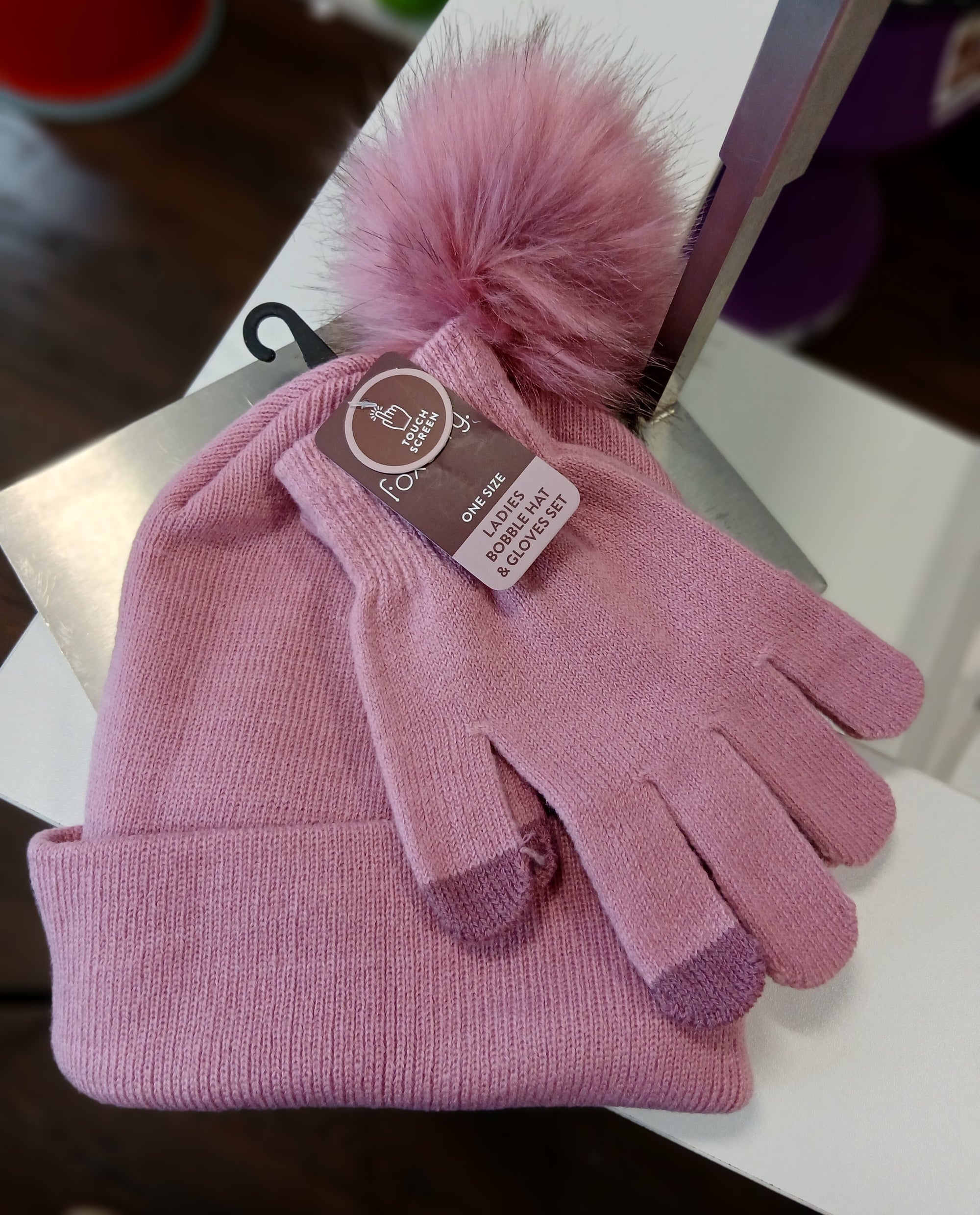 Ladies Pink Pom Pom Hat & Glove Set