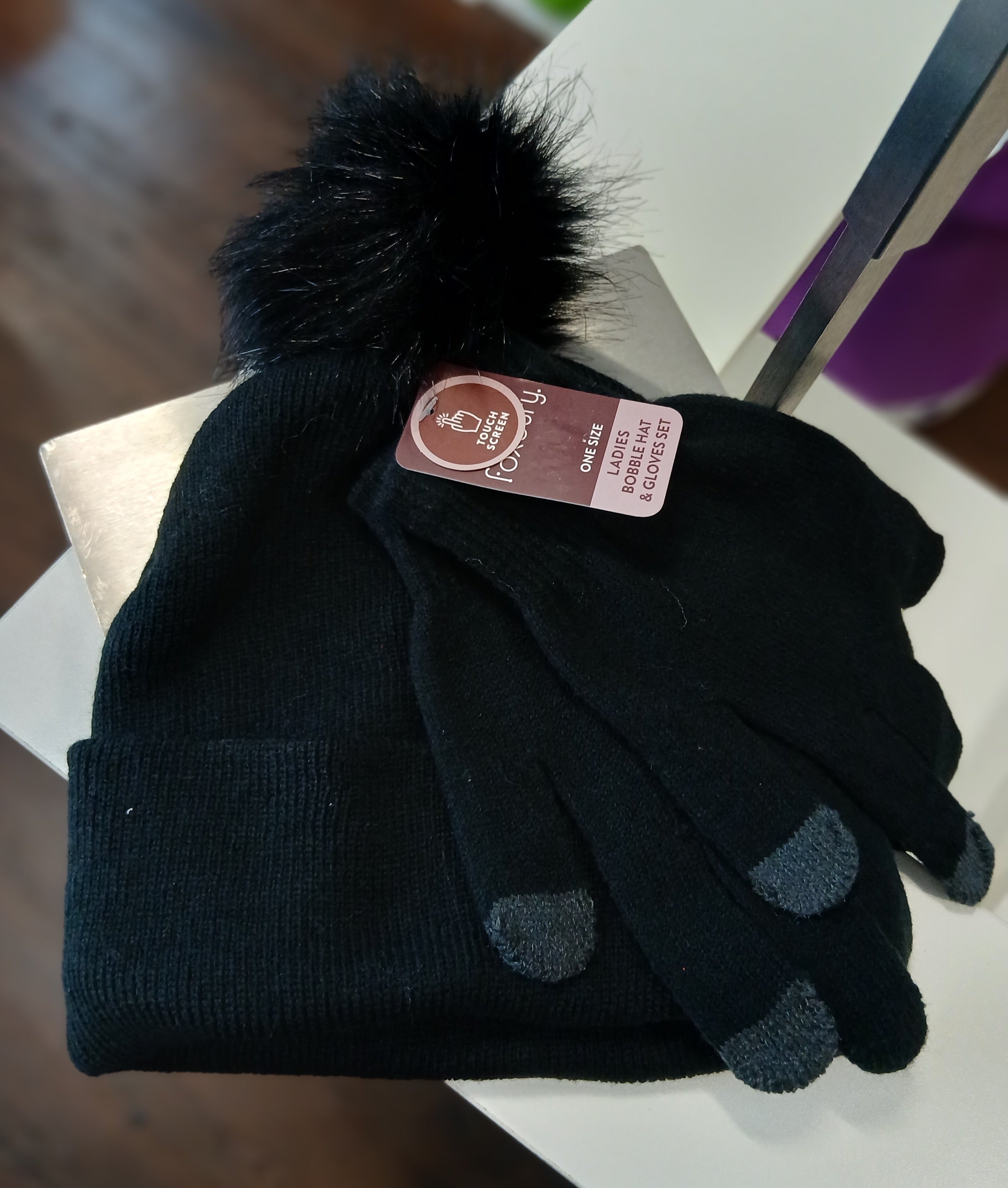 Ladies Black Pom Pom Hat & Glove Set
